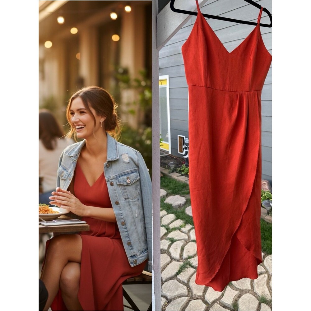 CMI 2005 Rust Orange Faux Wrap Midi Dress Size 6